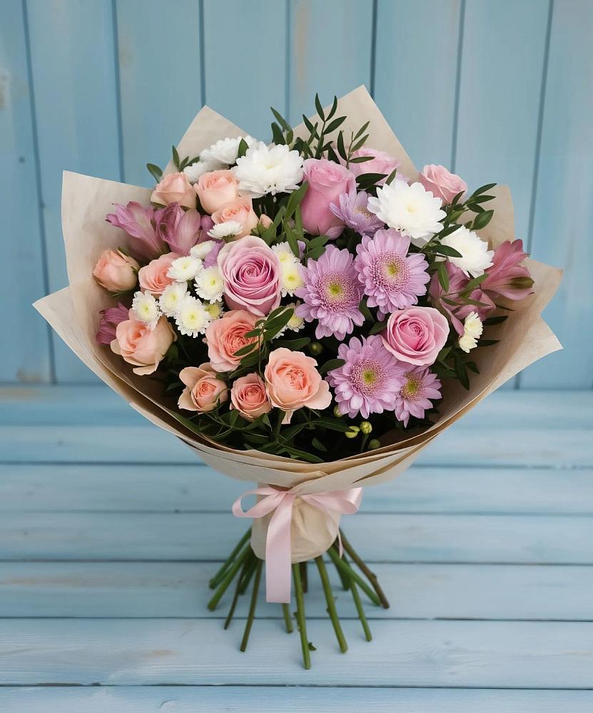 Букет цветов из: Хризантемы, Розы и Альстромерии в Кривандино