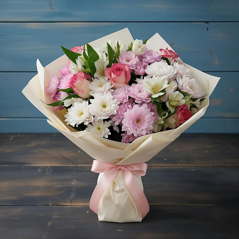 Букет цветов из: Хризантемы, Альстромерии и Розы в Кривандино